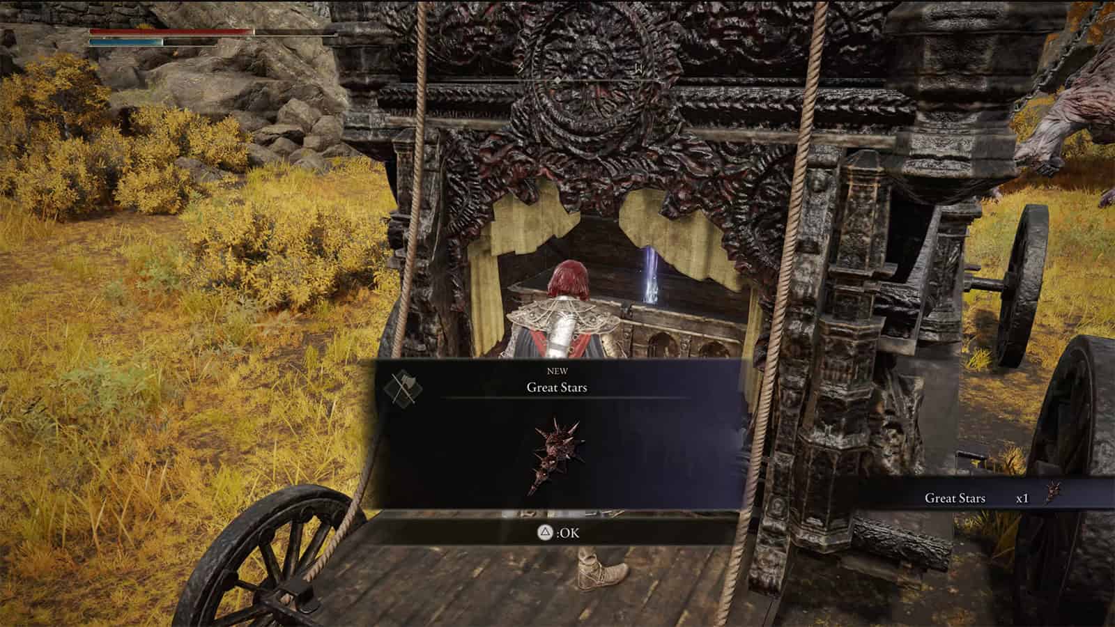 An image of an Elden Ring character looting a carriage chest and receiving the Great Stars weapon.