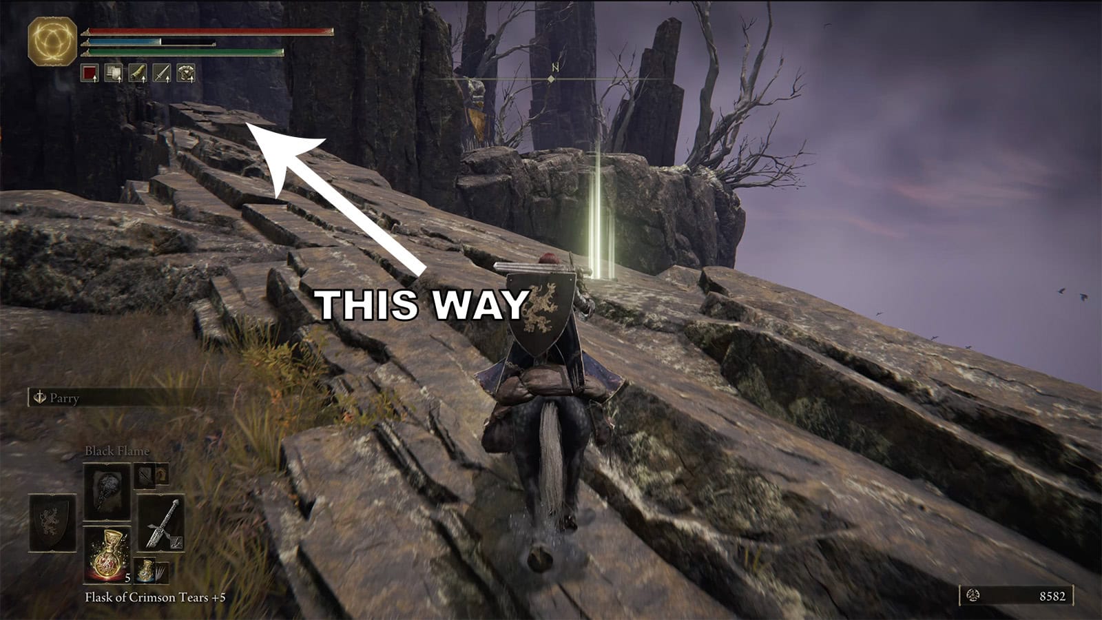 An image of an Elden Ring character using a rock formation to cross a canyon