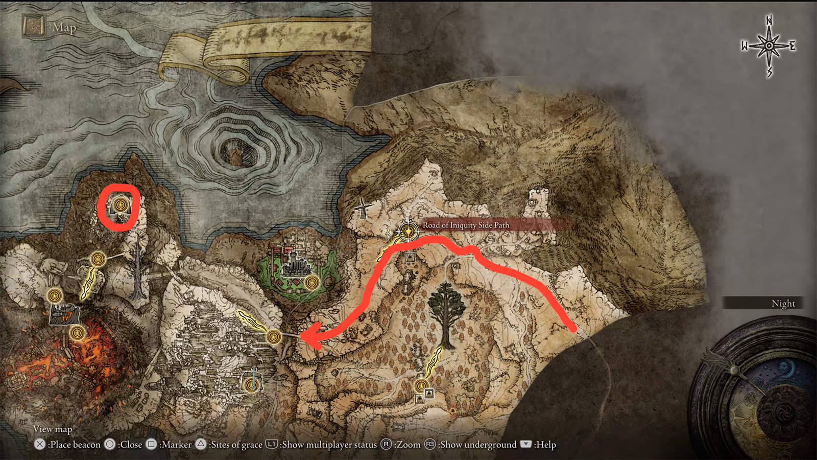 A screenshot highlighting where to find the Volcano Cave in Elden Ring