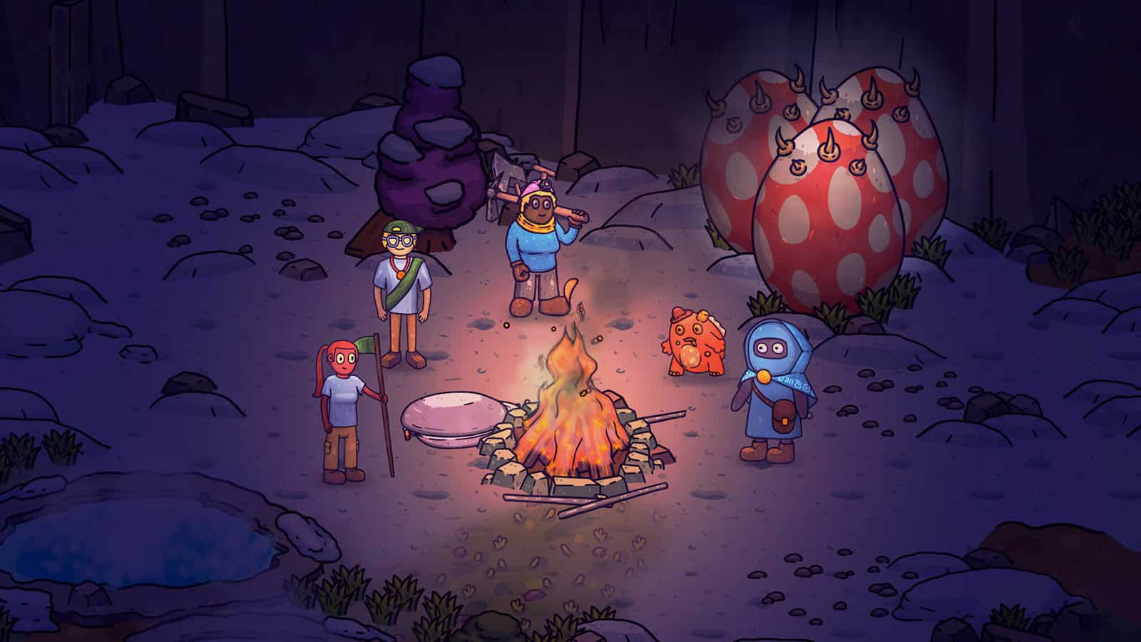 A screenshot of several characters around a campire in Fireside