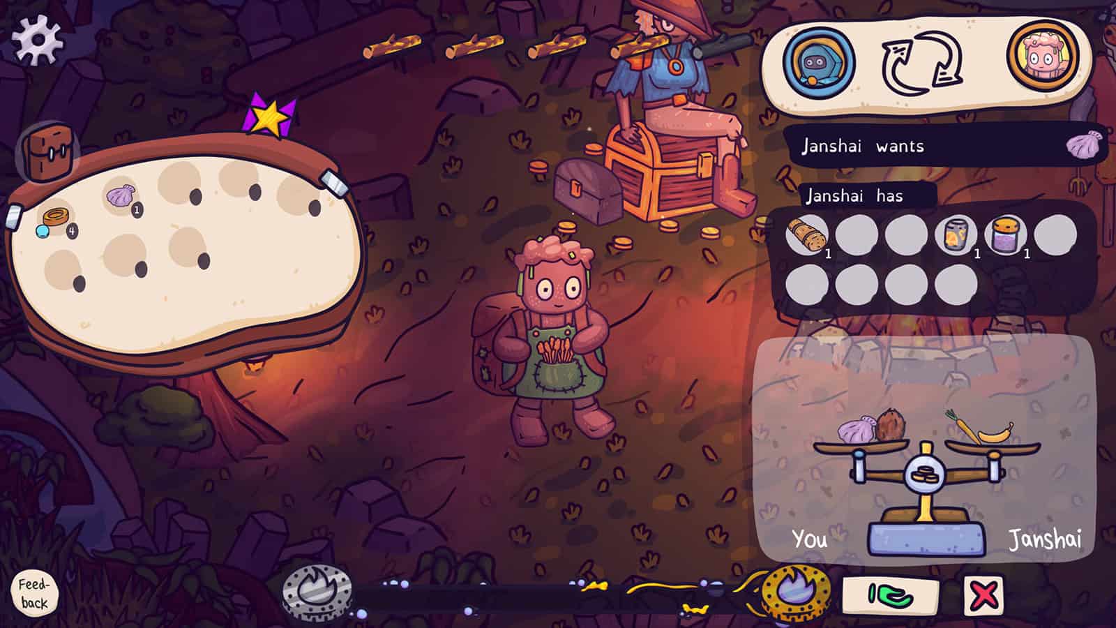A screenshot of the player character bartering with an NPC in Fireside