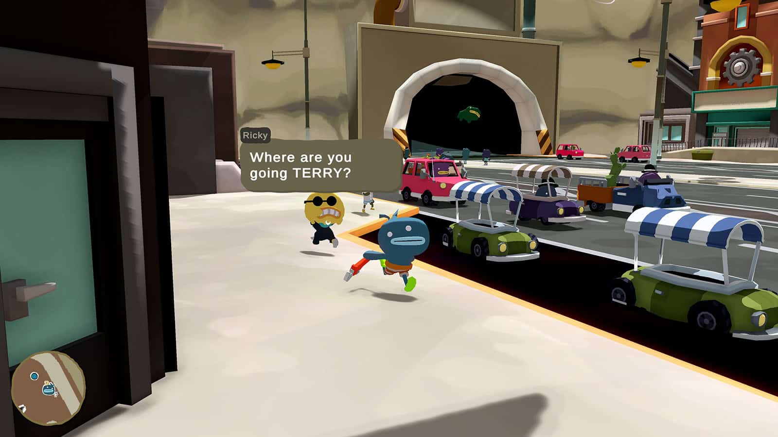 A screenshot of Tiny Terry's Turbo Trip, showcasing Terry running away from a Sprankelwater resident.
