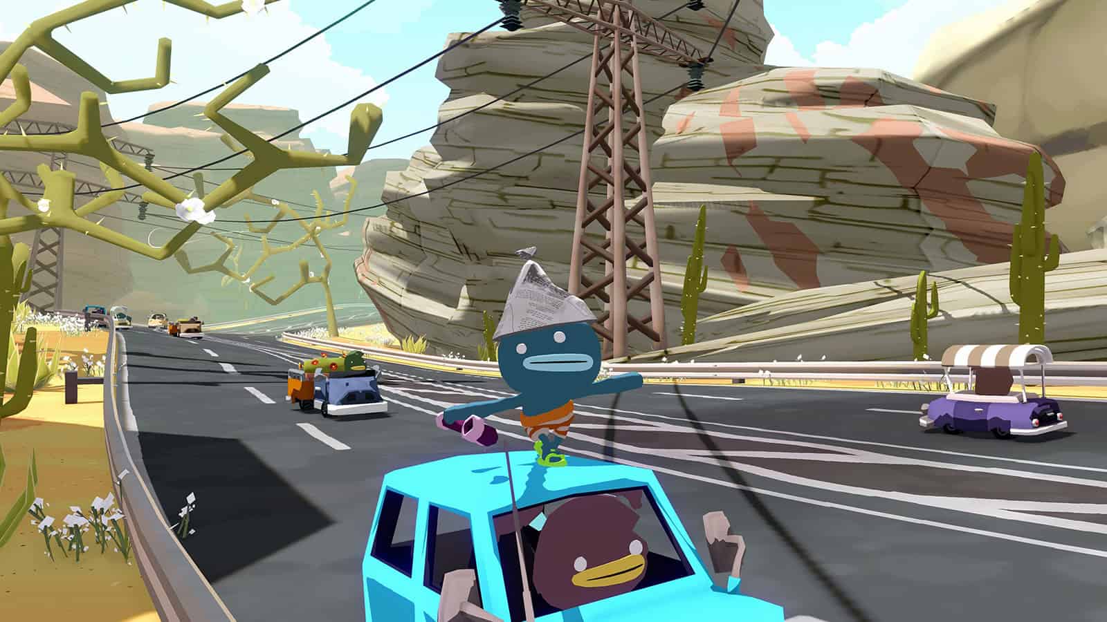 A screenshot of Tiny Terry's Turbo Trip, showcasing Terry riding atop a car in Sprankelwater.