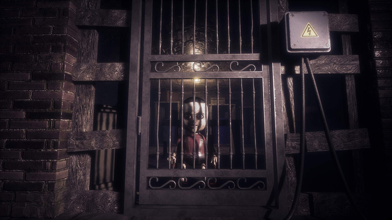 A screenshot of horror game Puppet House again showing the killer puppet but locked behind bars