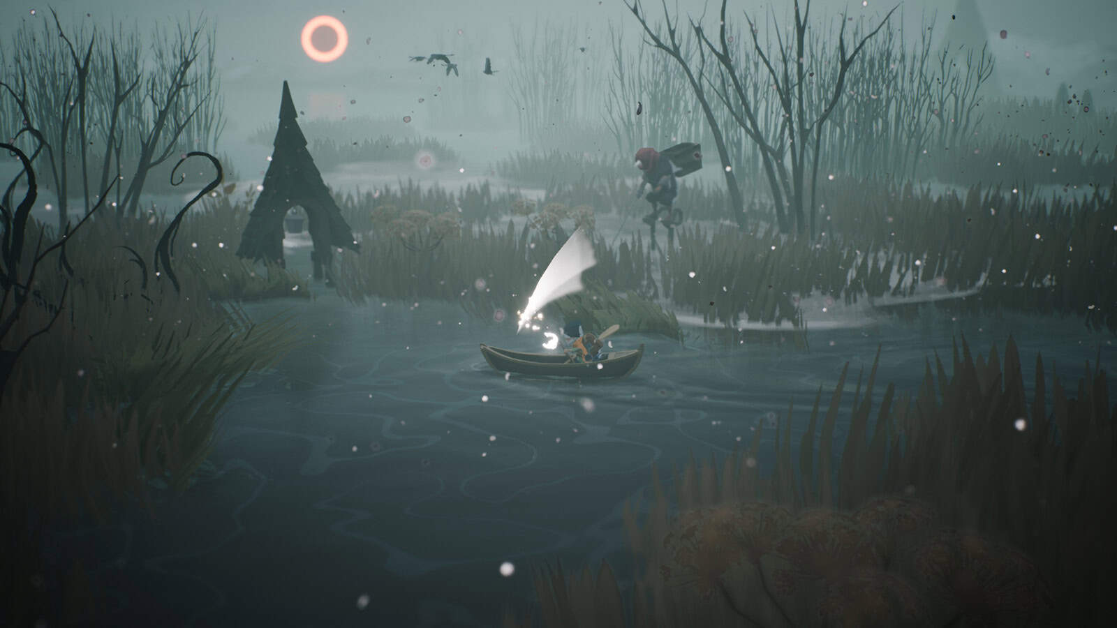 A screenshot of Selfloss showing the player character swimming along a river with gothic buildings and leafless trees in the distance. 