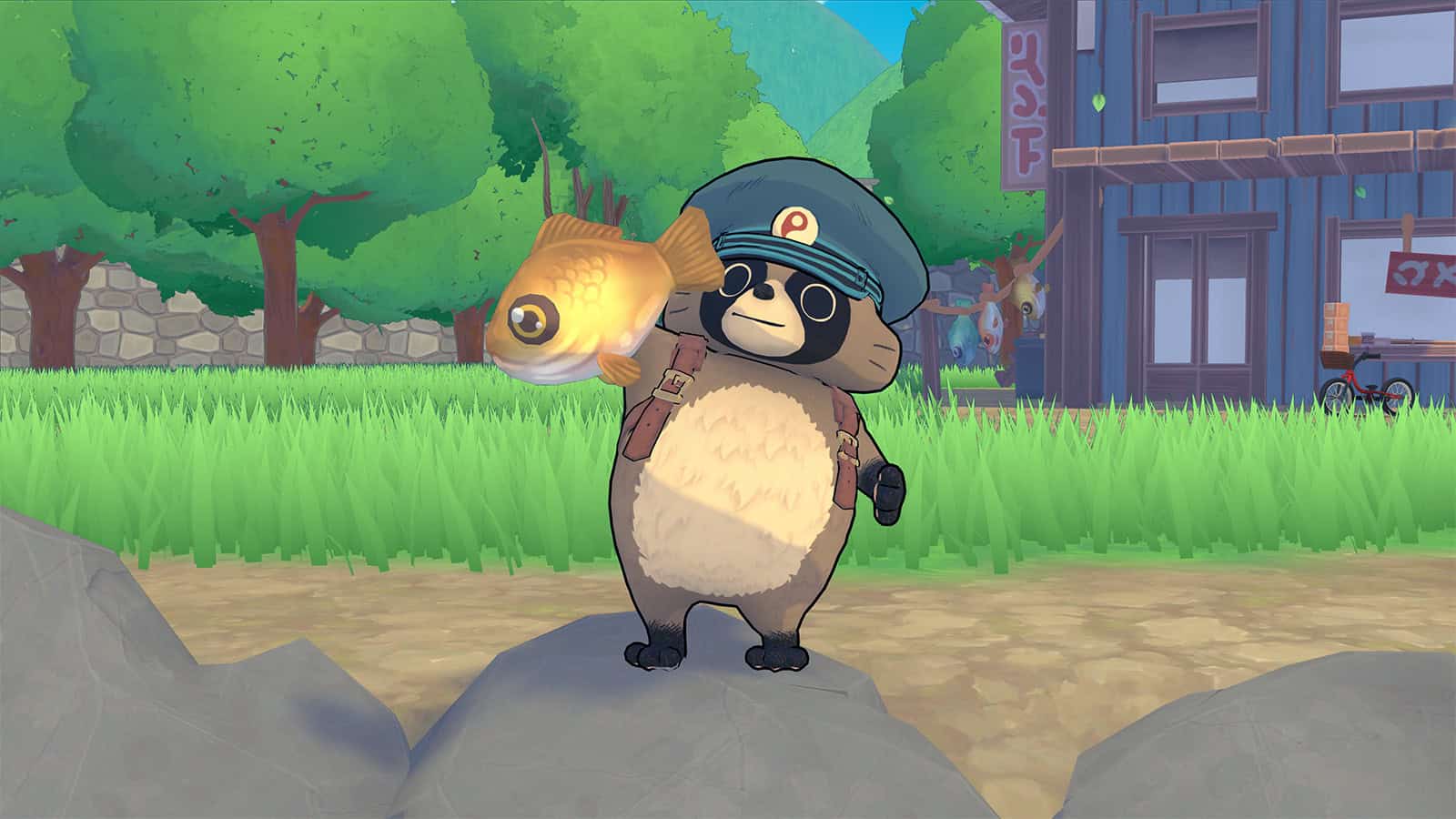 A screenshot of TANUKI: Pon's Summer showing Pon holding a fish.