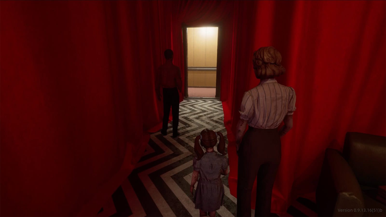 A screenshot from my time playing Karma: The Dark World showing the puppet family standing outside an elevator.